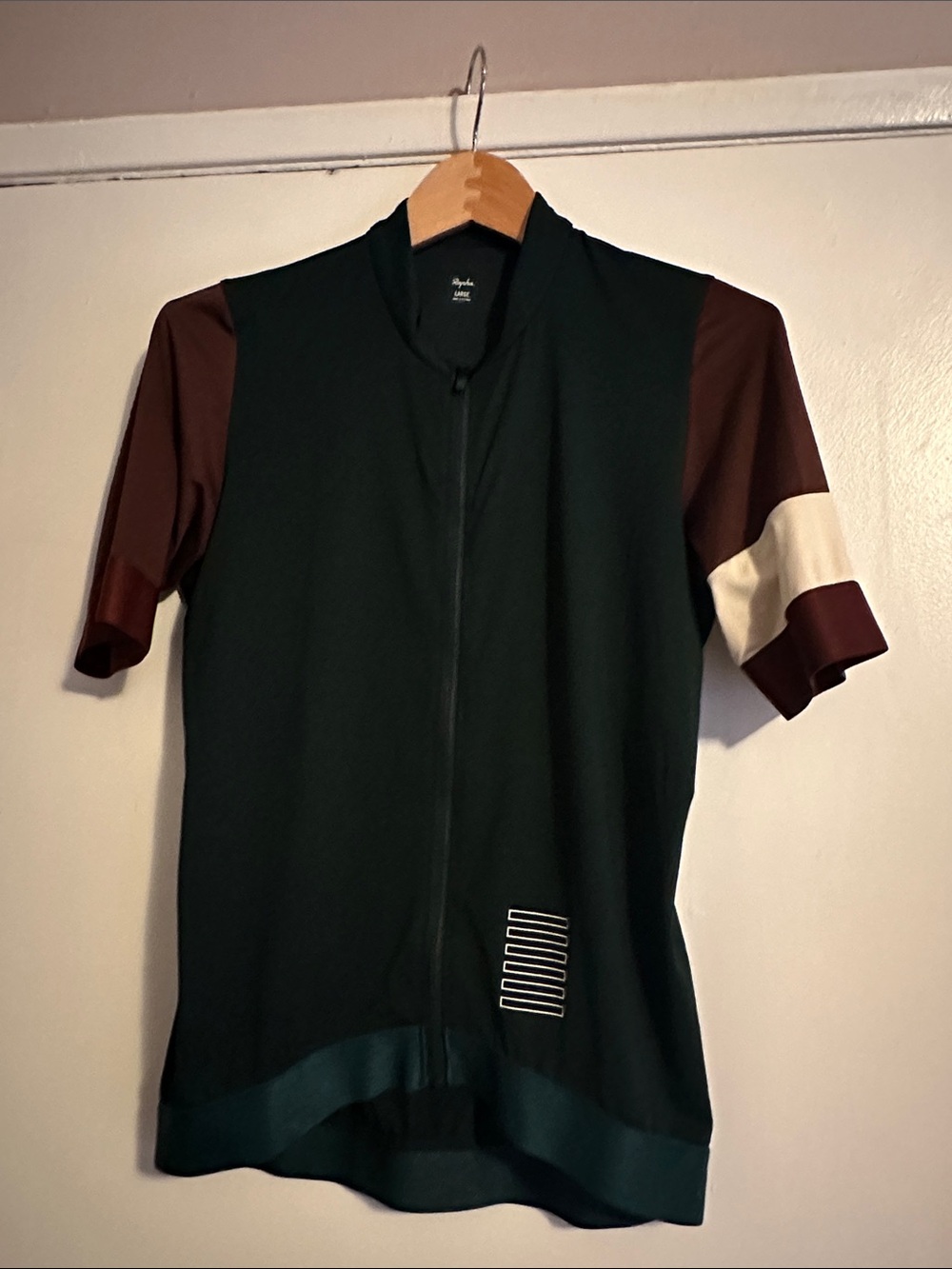 Rapha Men’s Dark Green Cycling Shirt Jacket with Brown and Cream Sleeve Panels